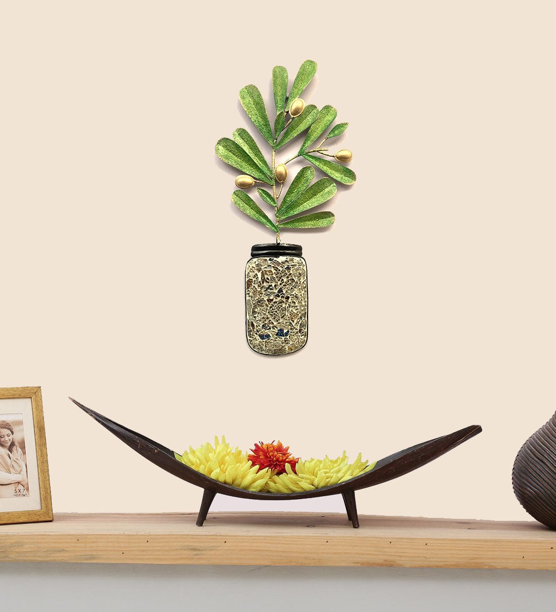 Nature Inspired Green Leaves With Mosaic Art Pot Metal Wall Art Tamrapatra
