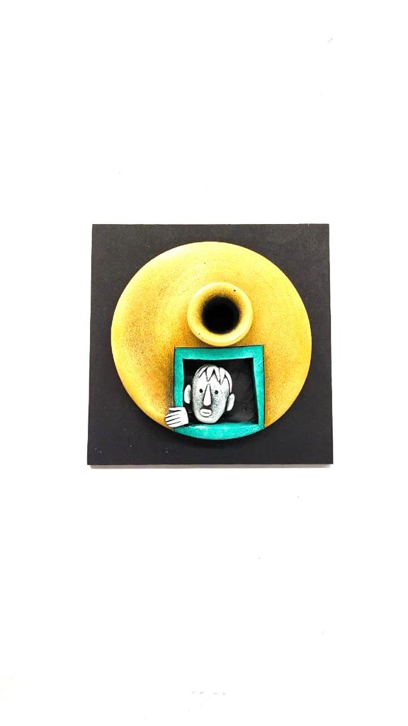 Bumblebee Yellow Colored Creative Pots With Peeping Faces Wall Set Of 4 Tamrapatra