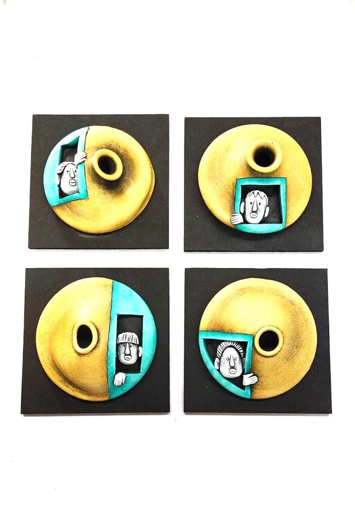 Bumblebee Yellow Colored Creative Pots With Peeping Faces Wall Set Of 4 Tamrapatra