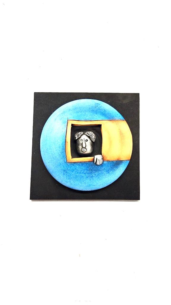 Royal Blue With Orange Accents Peeping Face Creative Pots Handmade Tamrapatra