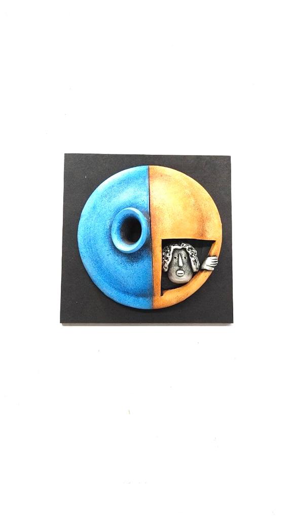 Royal Blue With Orange Accents Peeping Face Creative Pots Handmade Tamrapatra