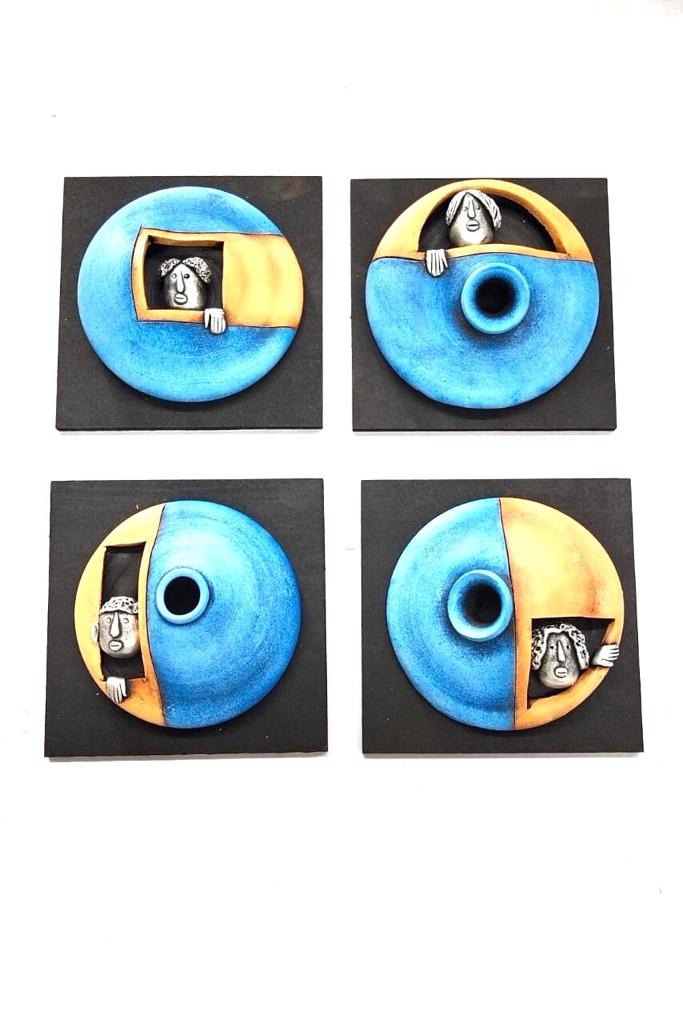 Royal Blue With Orange Accents Peeping Face Creative Pots Handmade Tamrapatra