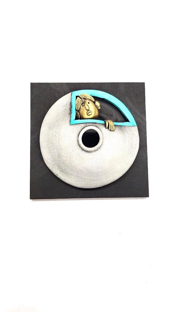 Grey With Turquoise Blue Texture On Creative Peeking Faces In Set Of 4 By Tamrapatra