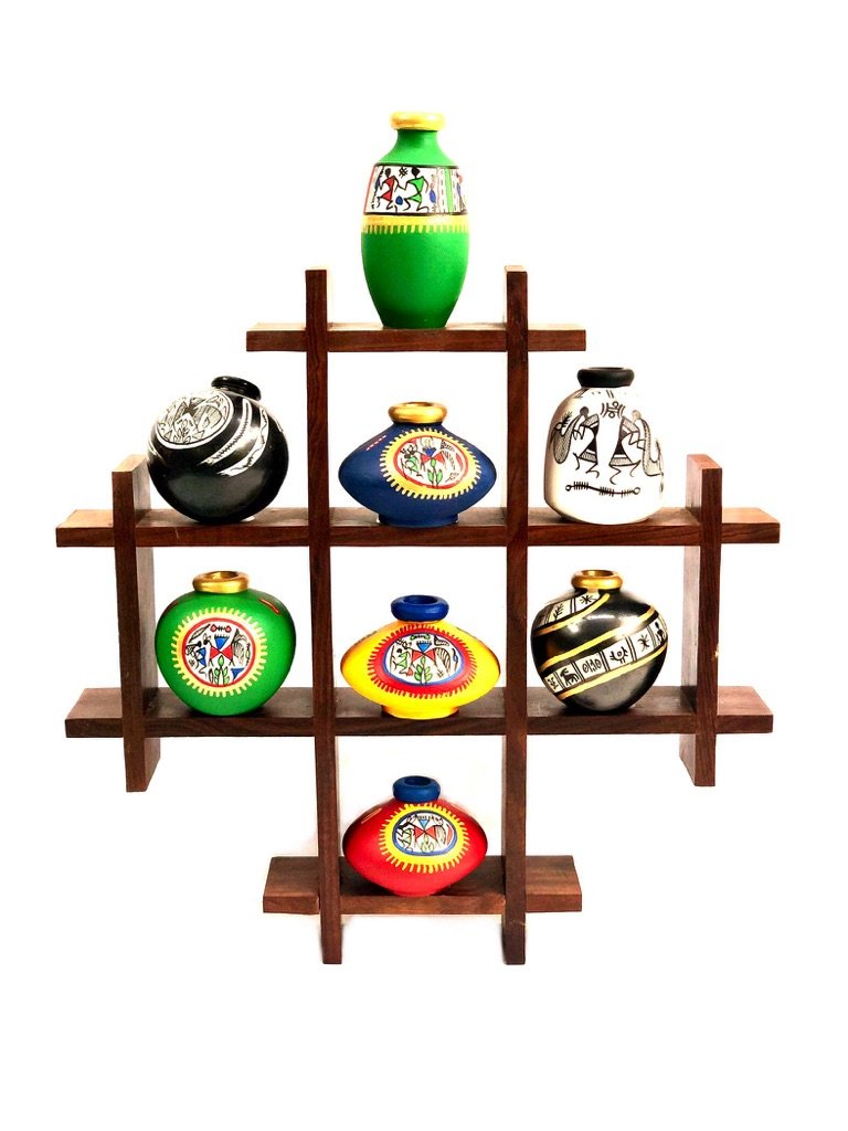 Warli Terracotta Pot Stand Unique Designed Wall Shelf Decor Tamrapatra