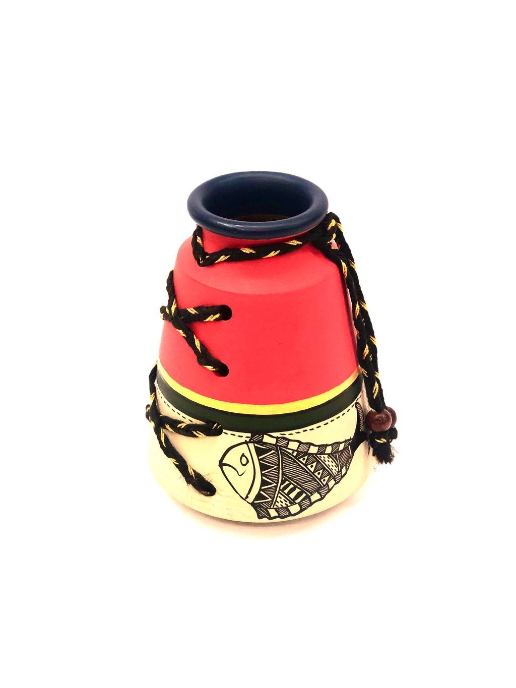 Madhubani Painted Red Pot Threaded Style Pottery Decor By Tamrapatra - Tamrapatra
