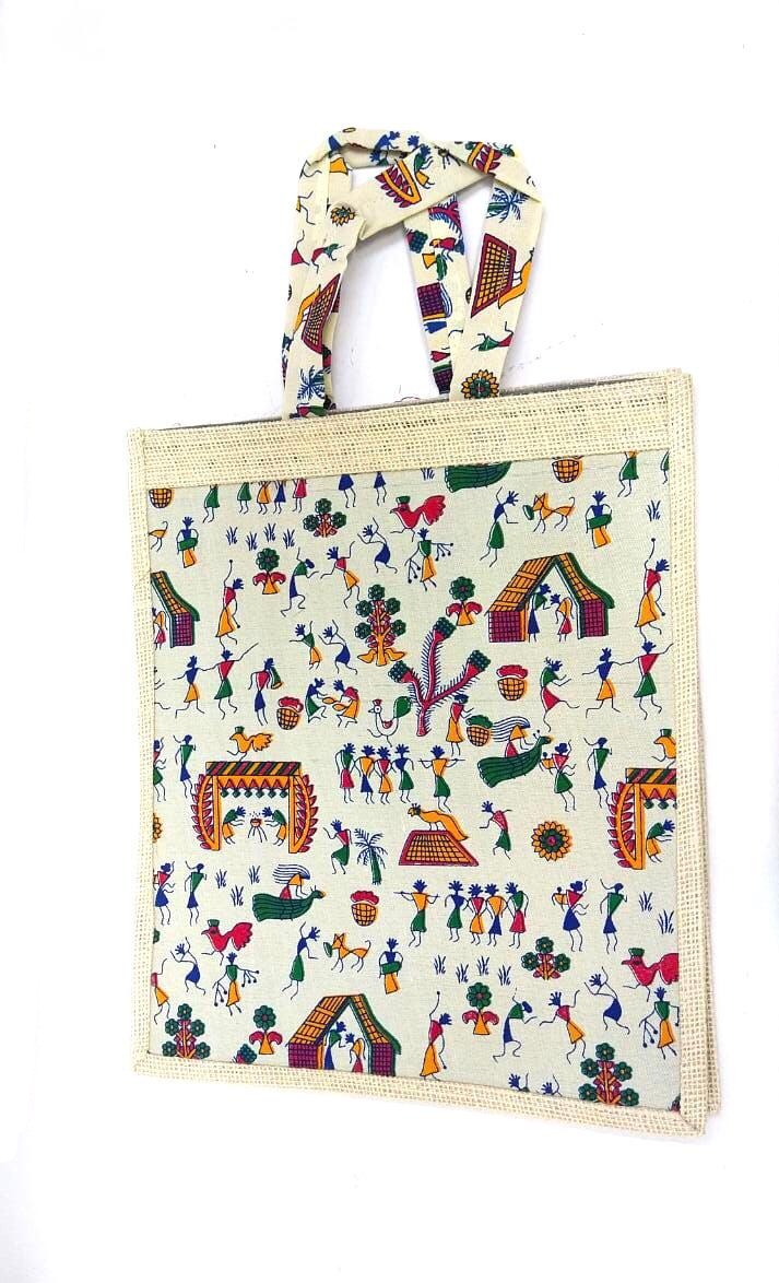 Jute Bags In Attractive Creations Warli Tribal Print Indian Artisan From Tamrapatra