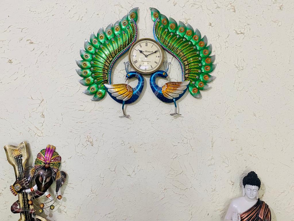 2 Peacock Metal Clock Collection Beautiful Handcrafted Utility Décor Tamrapatra