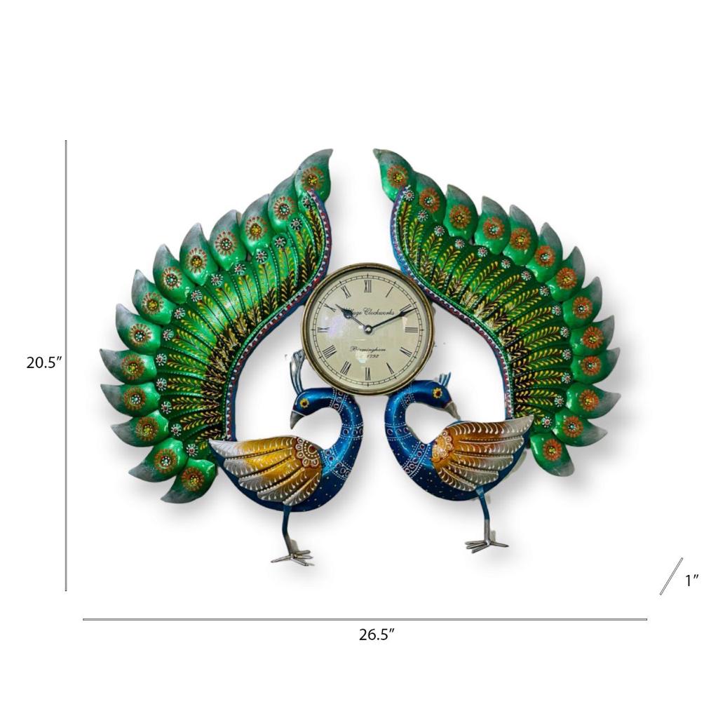 2 Peacock Metal Clock Collection Beautiful Handcrafted Utility Décor Tamrapatra