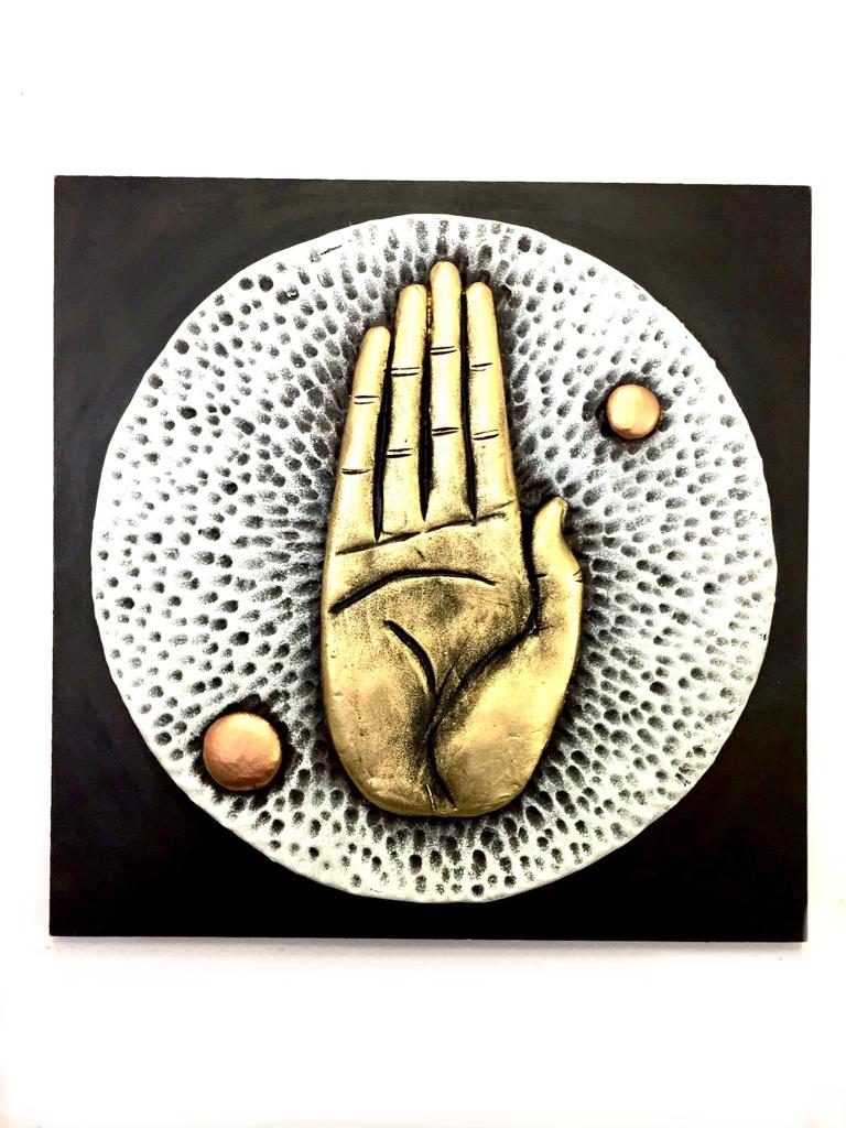 Hand Gestures Buddha Sculptures Terracotta Art With MDF White Gold Tamrapatra