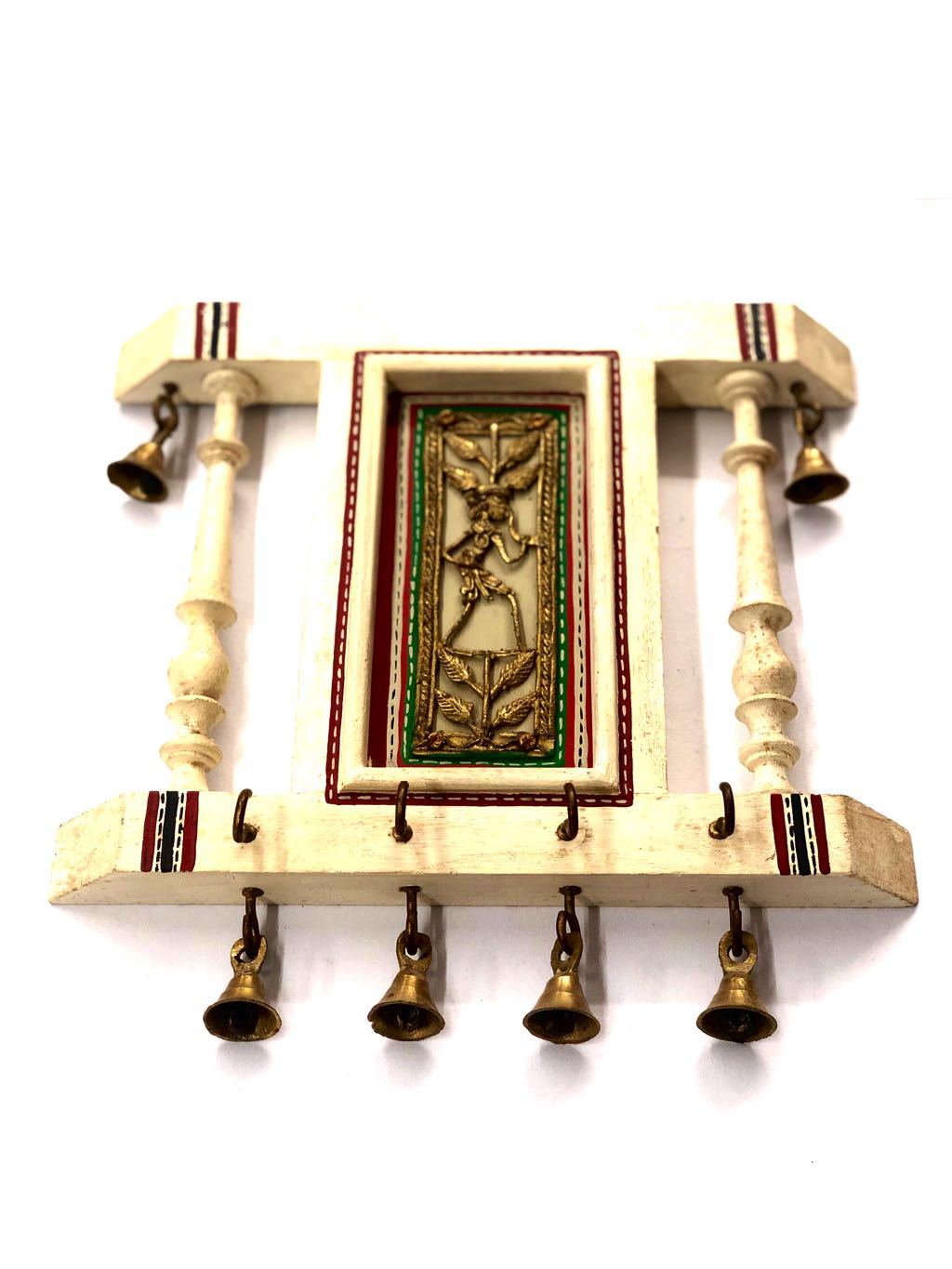 Wooden Key Holder Dhokra Art With Bells Miniature Painting From Tamrapatra