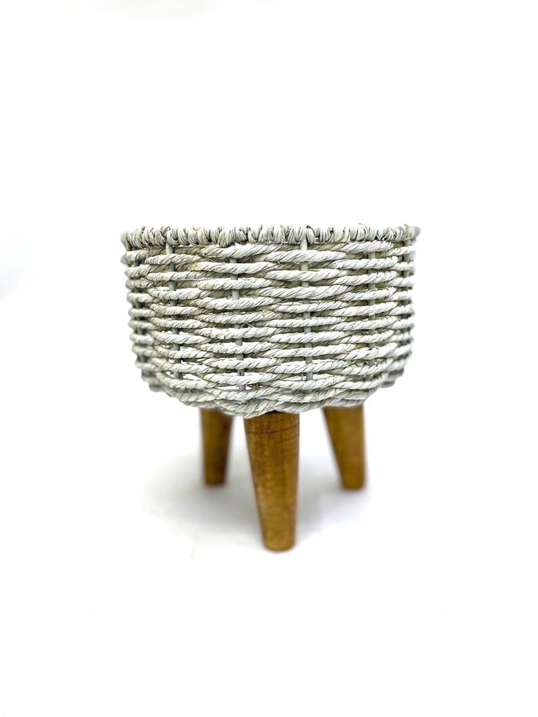 Jute & Metal Planters On Wooden Stand Modern Style White Shade Tamrapatra