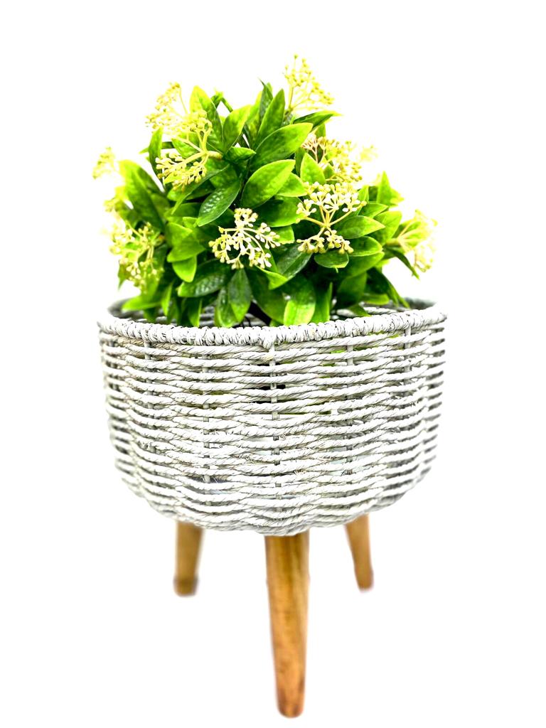 Jute & Metal Planters On Wooden Stand Modern Style White Shade Tamrapatra