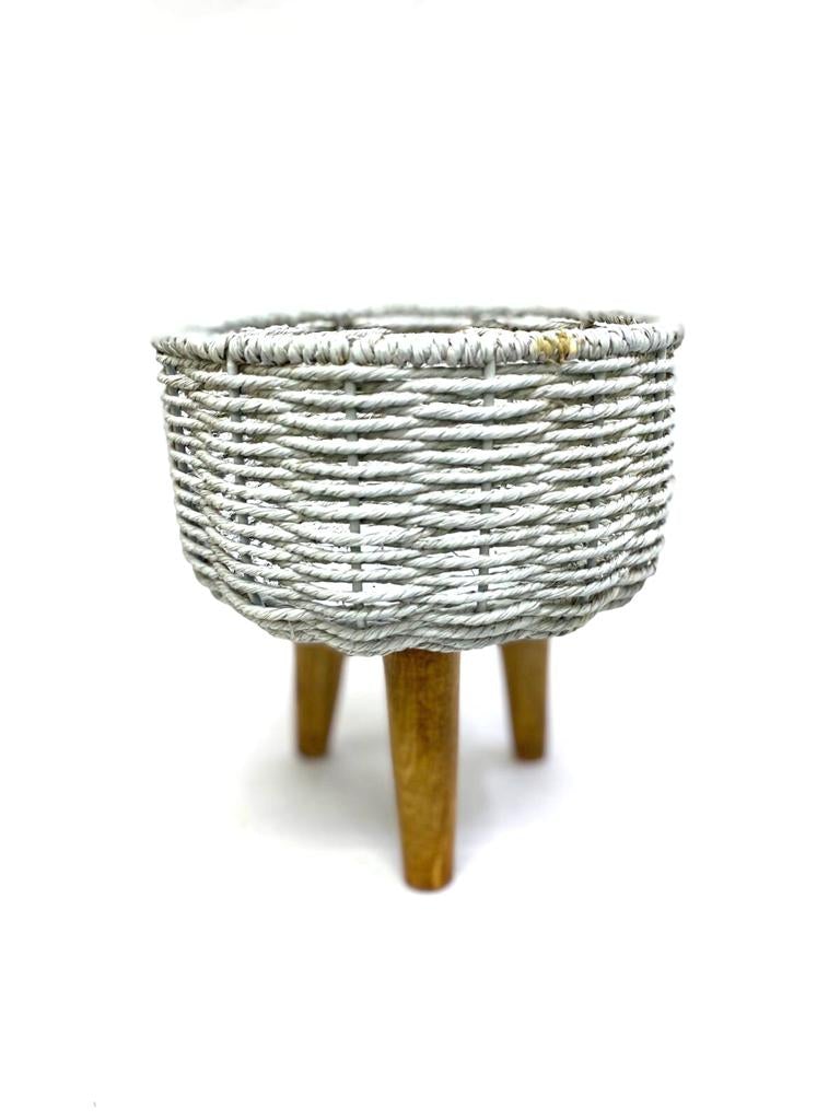 Jute & Metal Planters On Wooden Stand Modern Style White Shade Tamrapatra