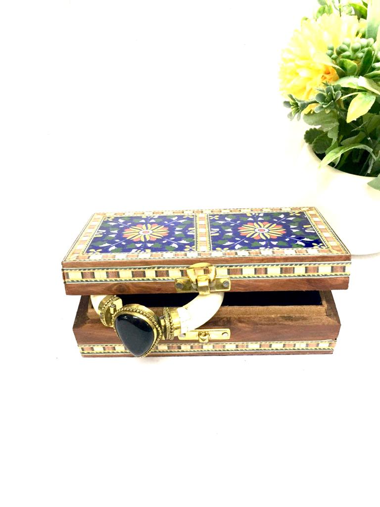 Two Tile Storage Box Wooden Blue pottery in Various Shades By Tamrapatra