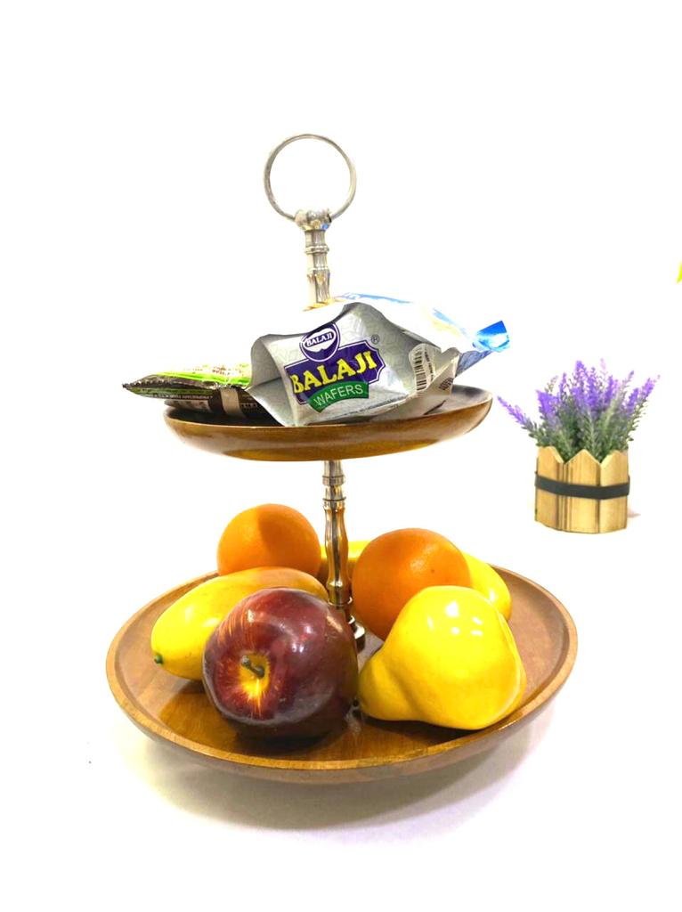 Wooden Platters 2 Tier Cake Fruits Snacks Serving On Metal Stand By Tamrapatra