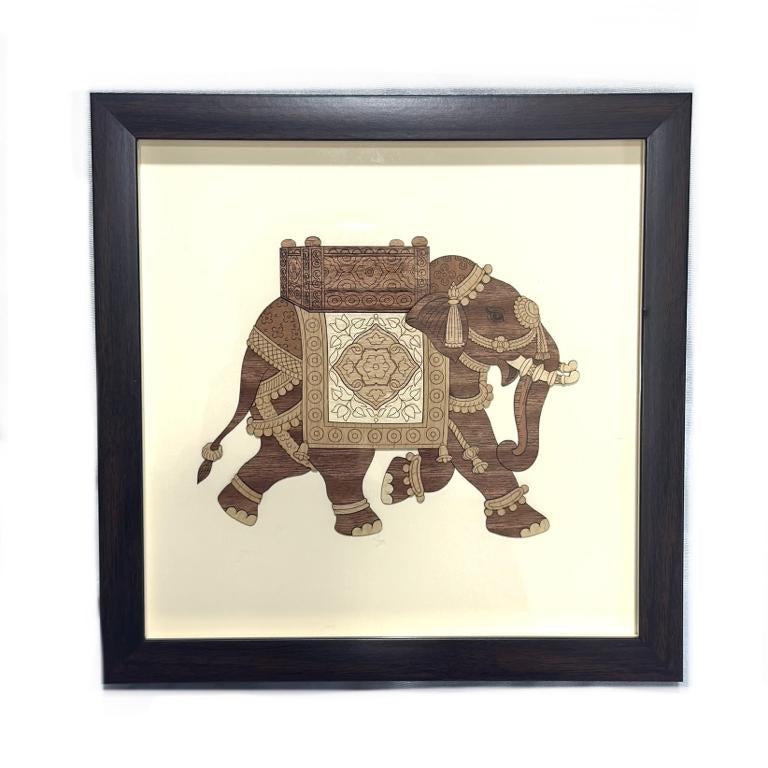 A wooden frame artwork depicting an elephant with a beige and brown color scheme, housed in a dark wooden frame.