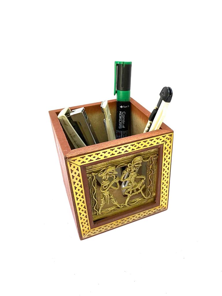 Wooden Square Pen Stand With Dhokra Figures Traditional Art Tamrapatra
