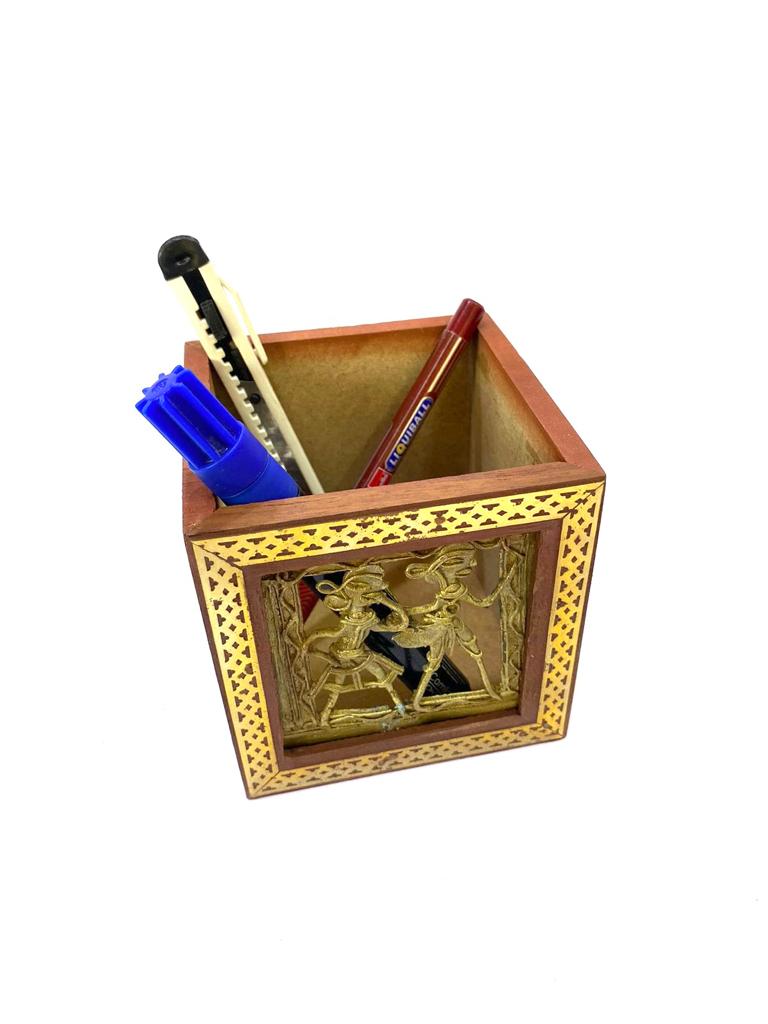 Wooden Square Pen Stand With Dhokra Figures Traditional Art Tamrapatra