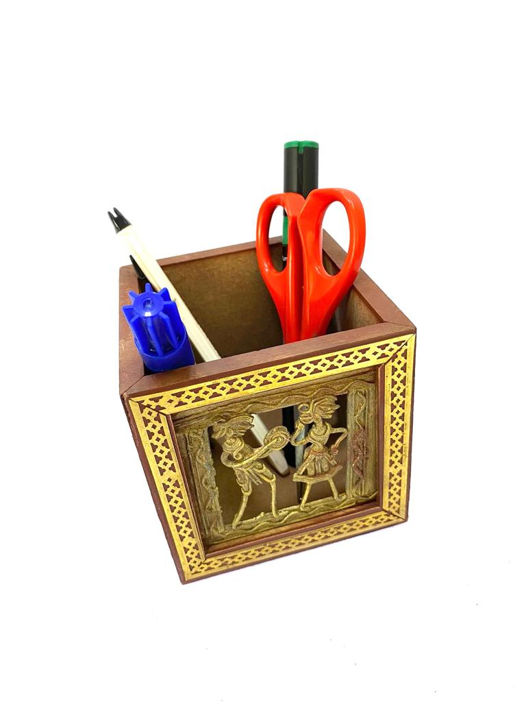 Wooden Square Pen Stand With Dhokra Figures Traditional Art Tamrapatra