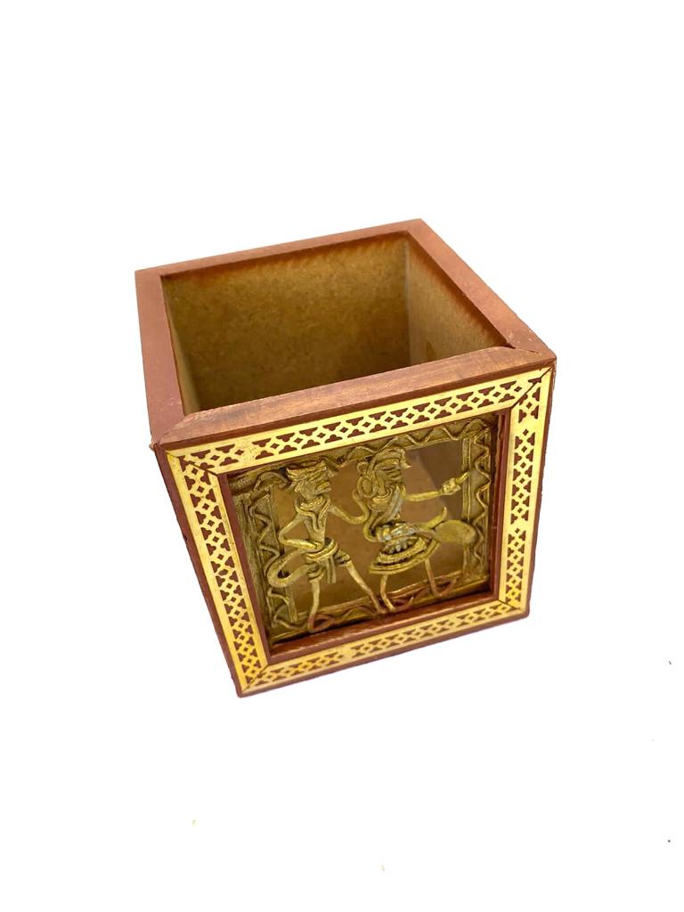 Wooden Square Pen Stand With Dhokra Figures Traditional Art Tamrapatra