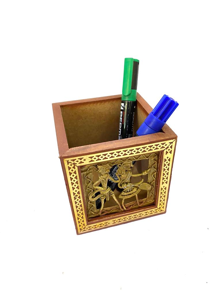 Wooden Square Pen Stand With Dhokra Figures Traditional Art Tamrapatra