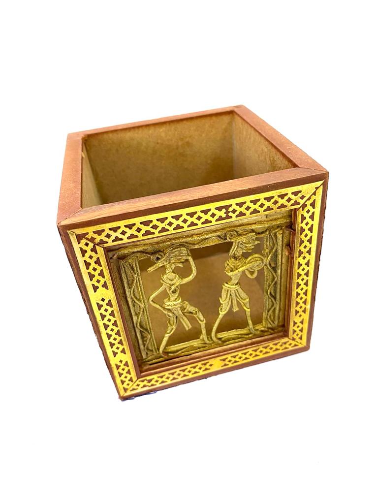 Wooden Square Pen Stand With Dhokra Figures Traditional Art Tamrapatra