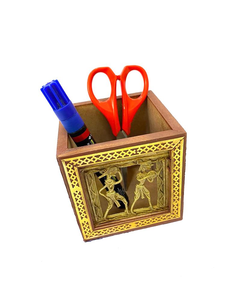 Wooden Square Pen Stand With Dhokra Figures Traditional Art Tamrapatra