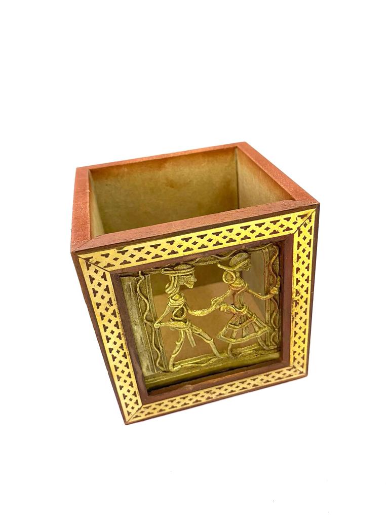 Wooden Square Pen Stand With Dhokra Figures Traditional Art Tamrapatra