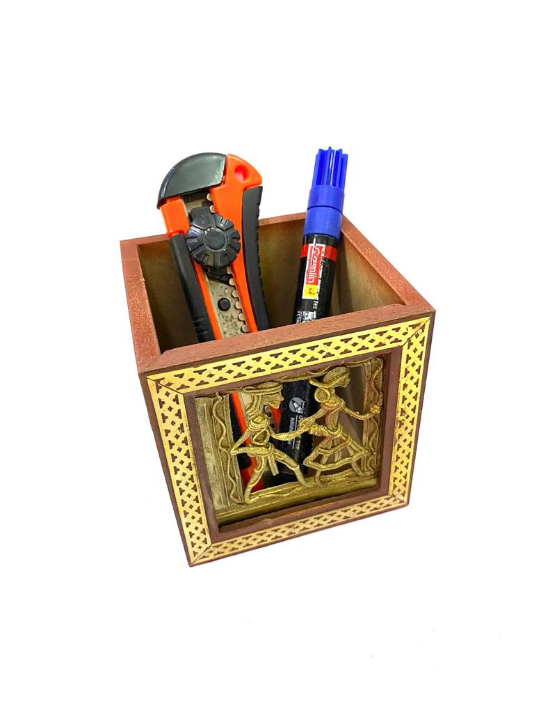 Wooden Square Pen Stand With Dhokra Figures Traditional Art Tamrapatra