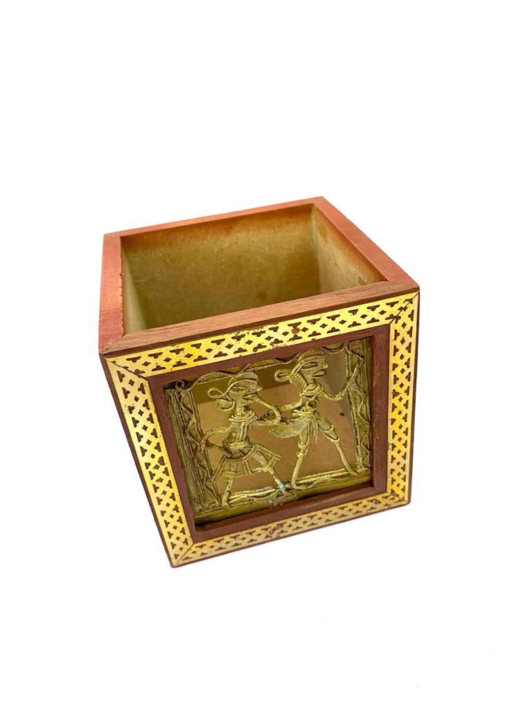 Wooden Square Pen Stand With Dhokra Figures Traditional Art Tamrapatra