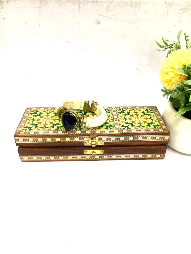 3 Tiles Blue Pottery On Wooden Storage Box With Velvet Interior By Tamrapatra