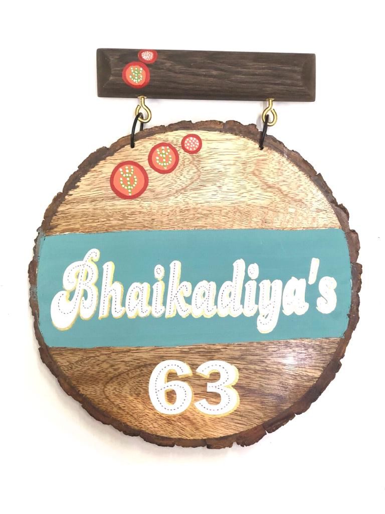 Name Plate Hand Painted With Turquoise Blue Round Shaped Design By Tamrapatra