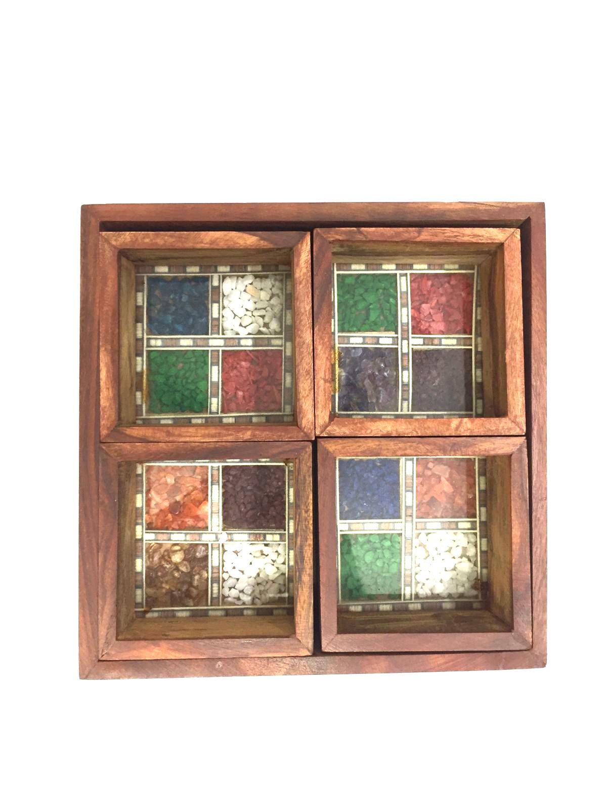 Wooden Platter Tray With Gemstones & 4 Compartments From Tamrapatra