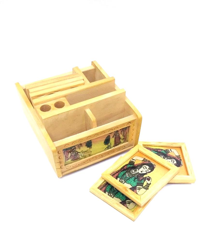 Wooden Desk Organizer & Tea Coasters Ragini Artwork Handmade By Tamrapatra