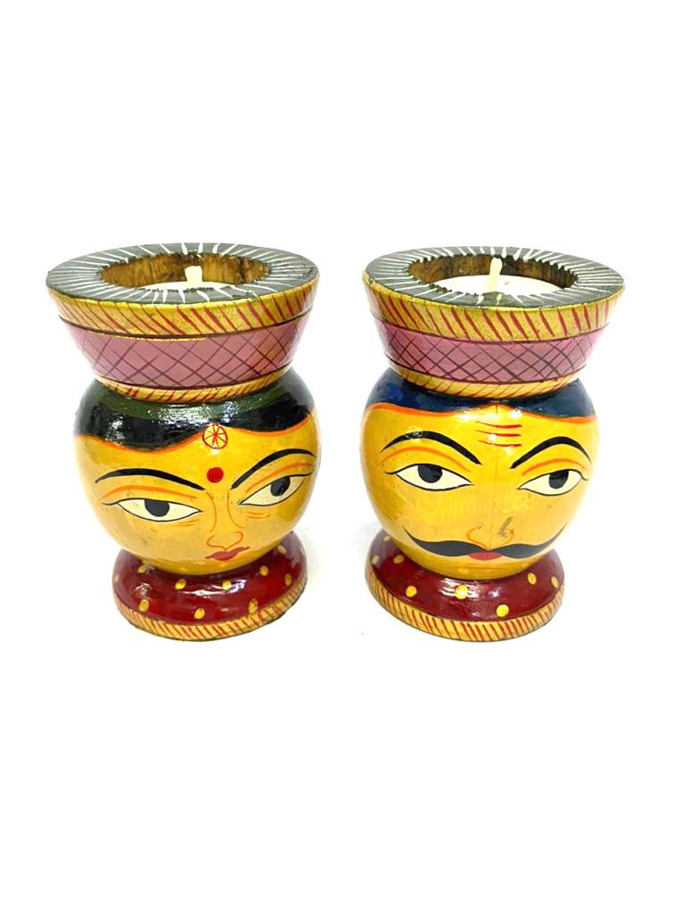 Traditional Wooden Faces Male Female Hand Painted Tea Light Holders Tamrapatra