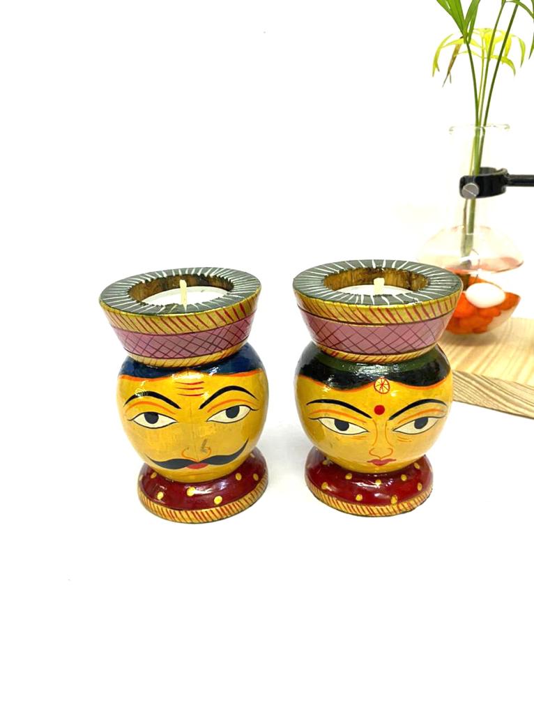 Traditional Wooden Faces Male Female Hand Painted Tea Light Holders Tamrapatra