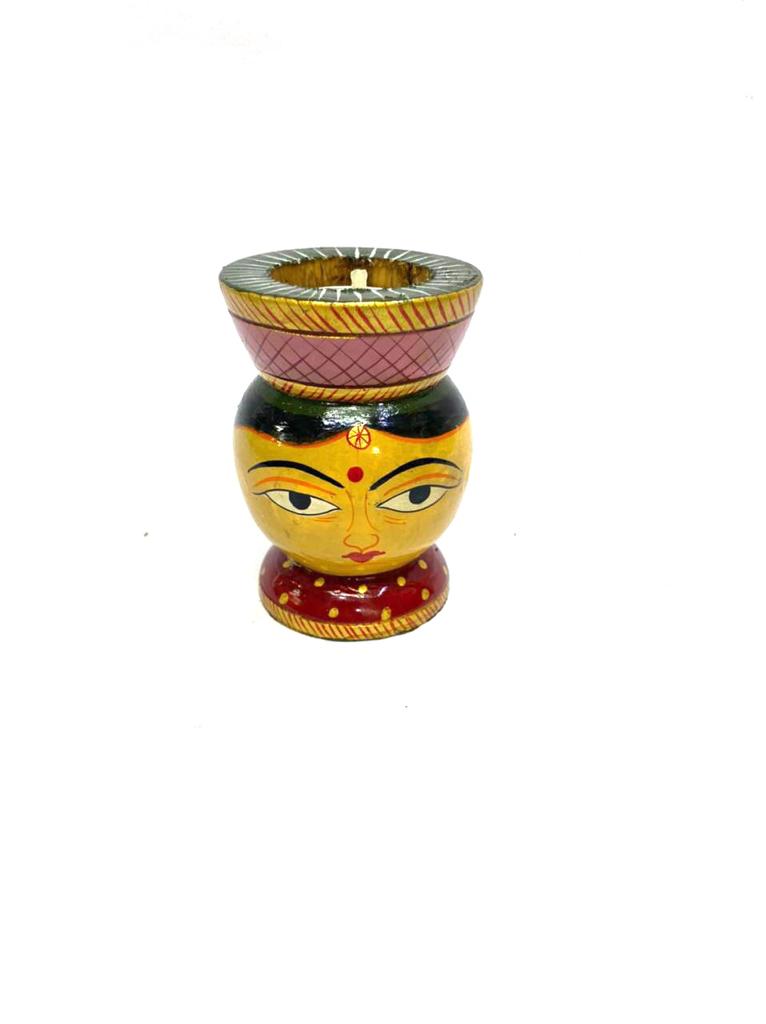 Traditional Wooden Faces Male Female Hand Painted Tea Light Holders Tamrapatra