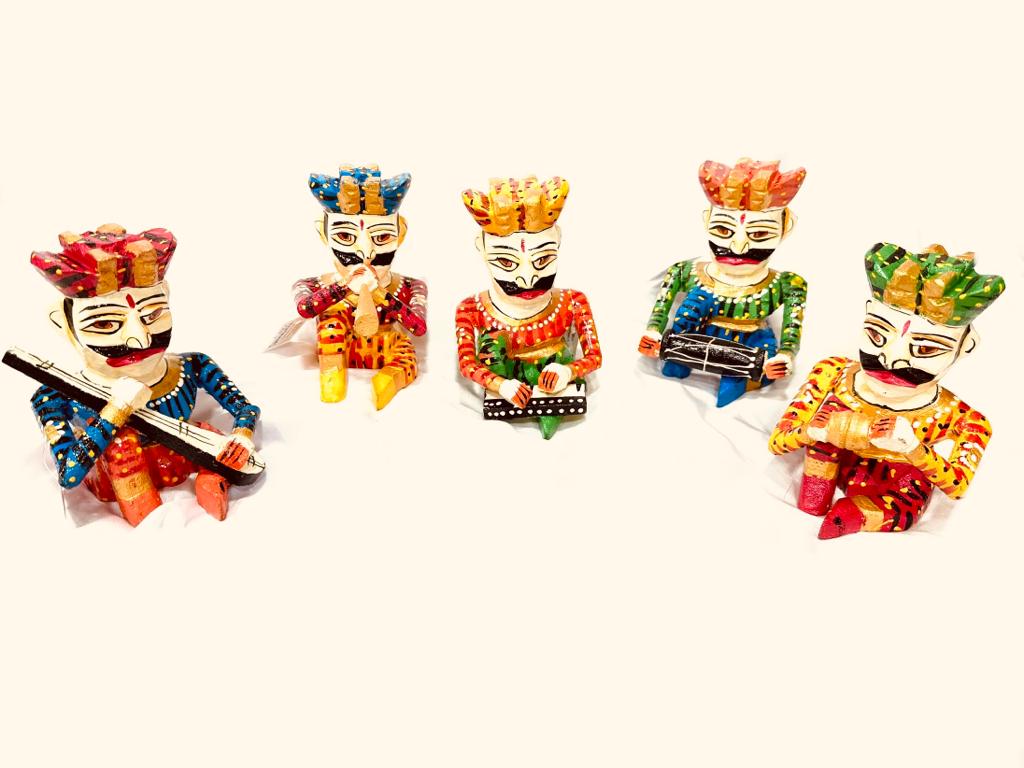 Sitting Turban Man Playing Various Musical Instruments Wood From Tamrapatra