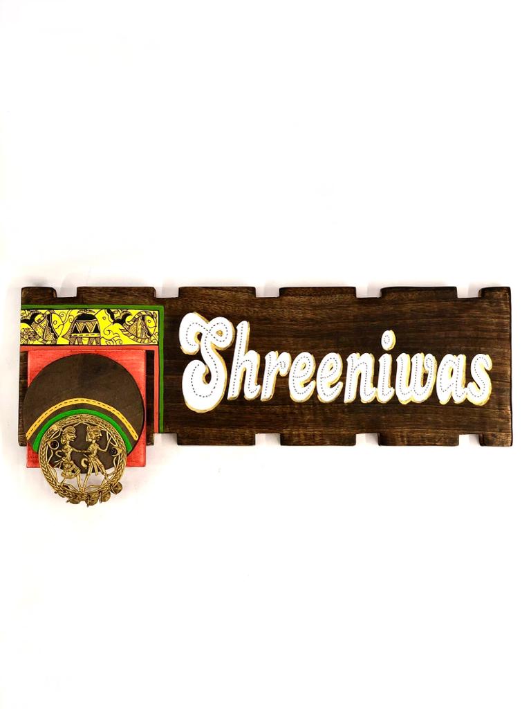 Colorful HandPainted Wooden Name Plate With Dhokra Figures By Tamrapatra - Tamrapatra