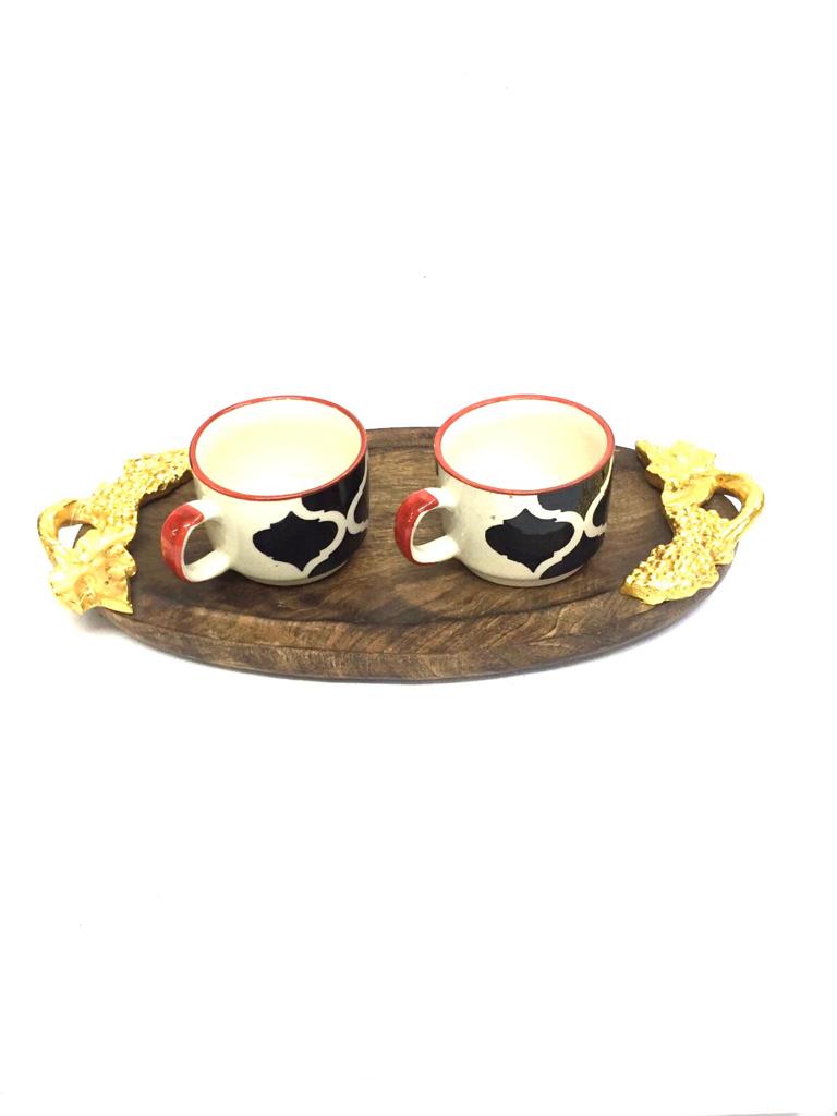 Designer Wooden Platters With Metal Handles Creative Handcrafts Tamrapatra