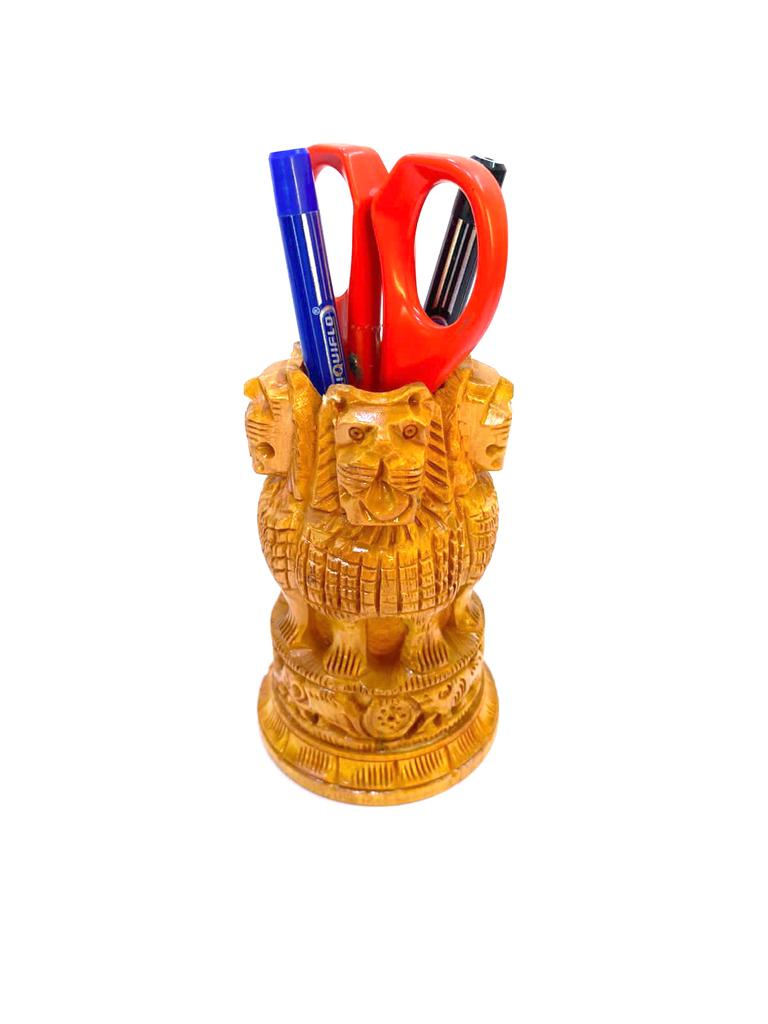 Designer Fine Carving By Indian Artisan Wooden Pen Holder From Tamrapatra