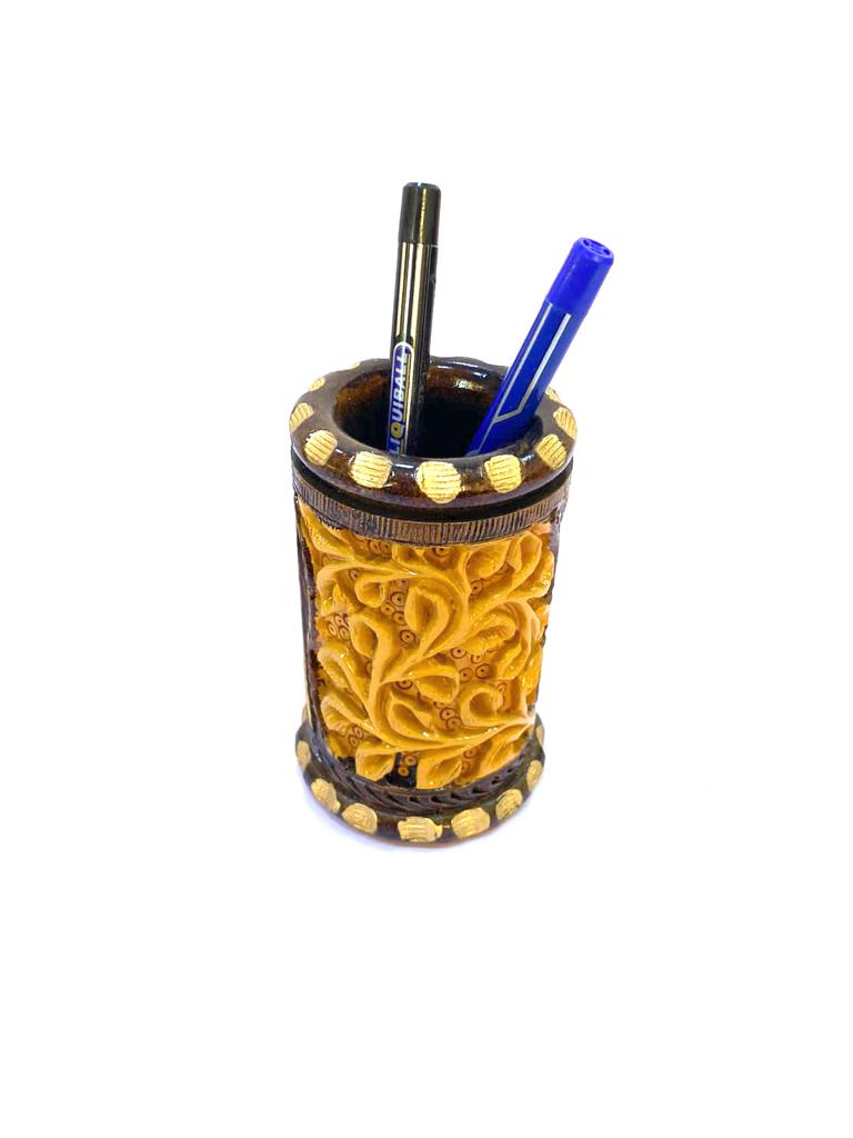 Designer Fine Carving By Indian Artisan Wooden Pen Holder From Tamrapatra