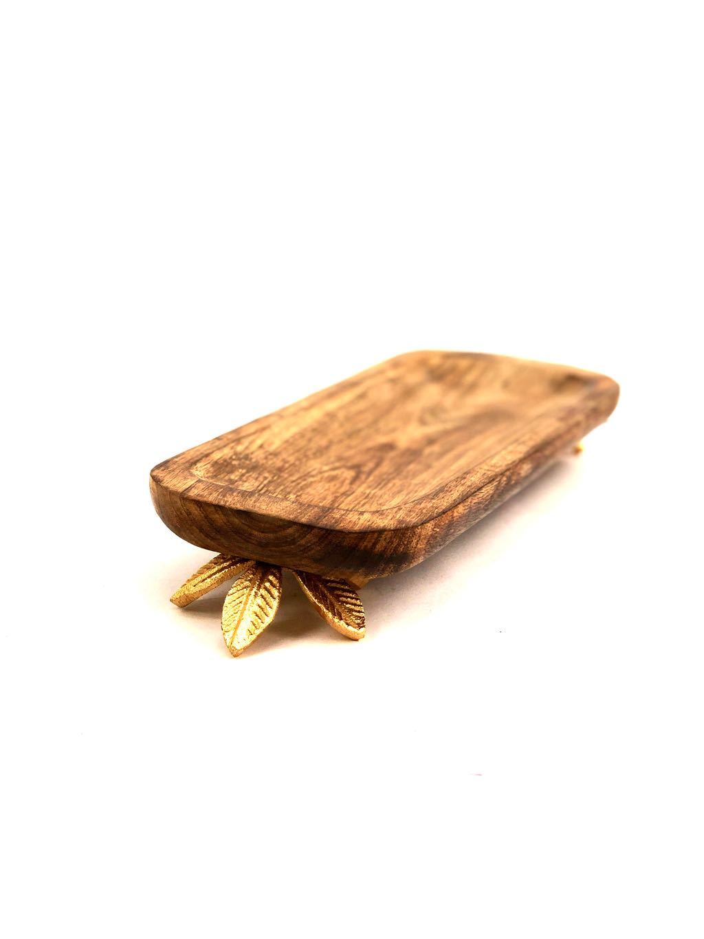 Wooden Platter With Metal Flower Petals Stand For Home Utility Tamrapatra