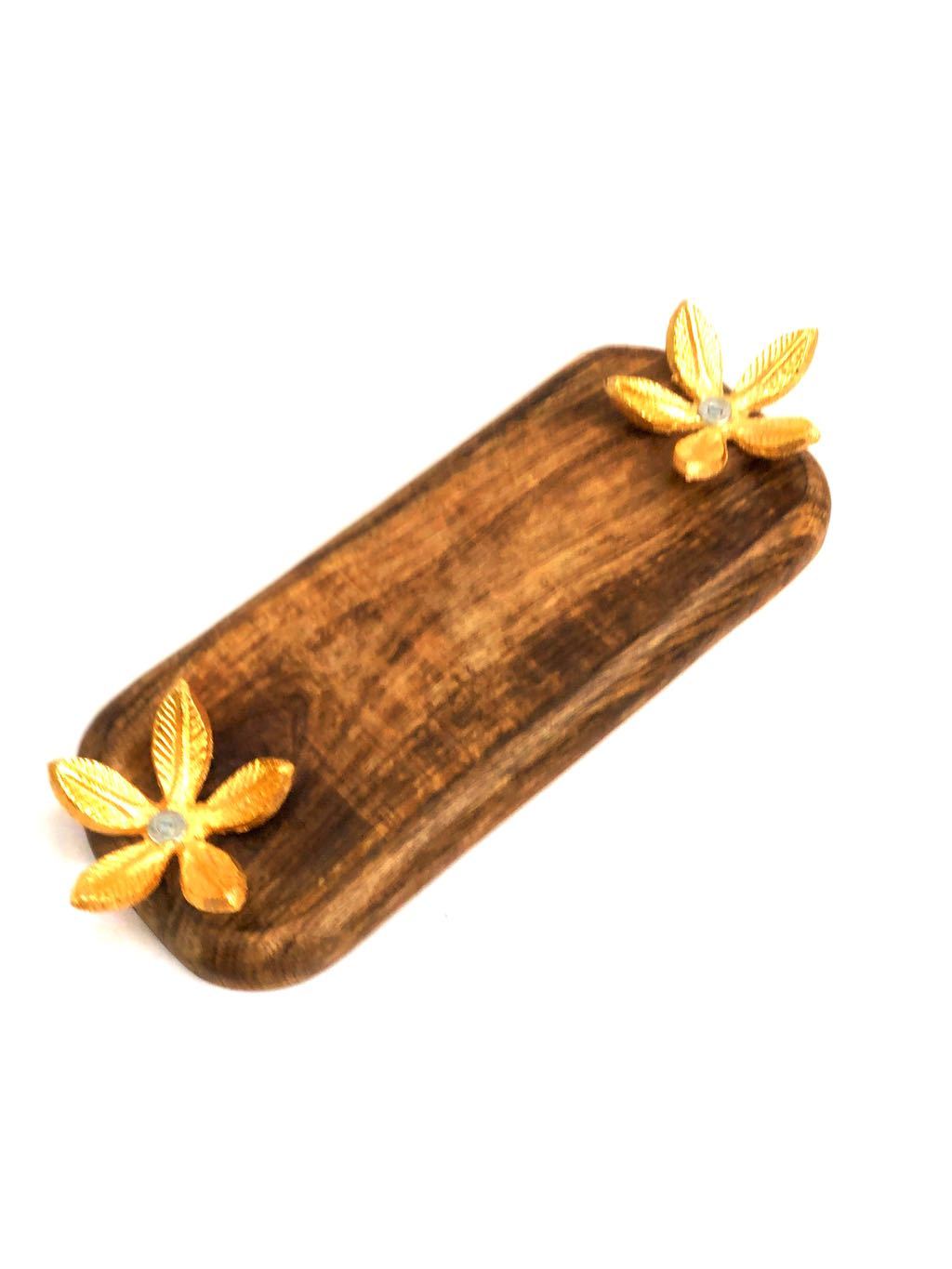 Wooden Platter With Metal Flower Petals Stand For Home Utility Tamrapatra