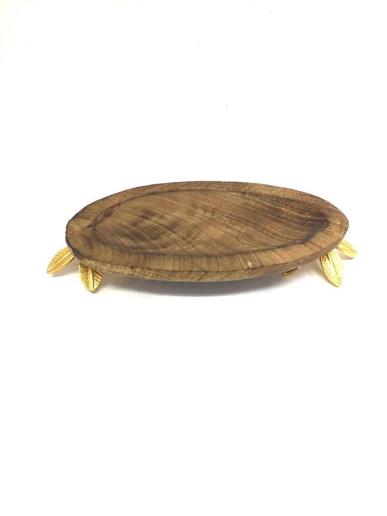 Wooden Platter With Metal Flower Petals Stand For Home Utility Tamrapatra