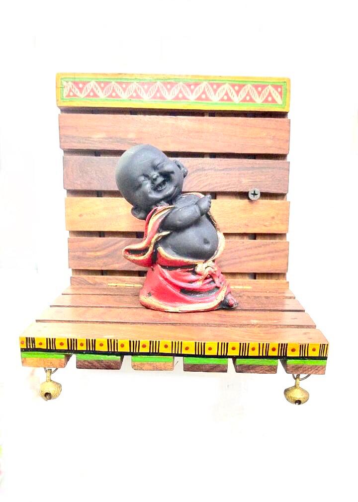 Wooden Shelf With Metal Bells For Placing Quirky Artefacts By Tamrapatra