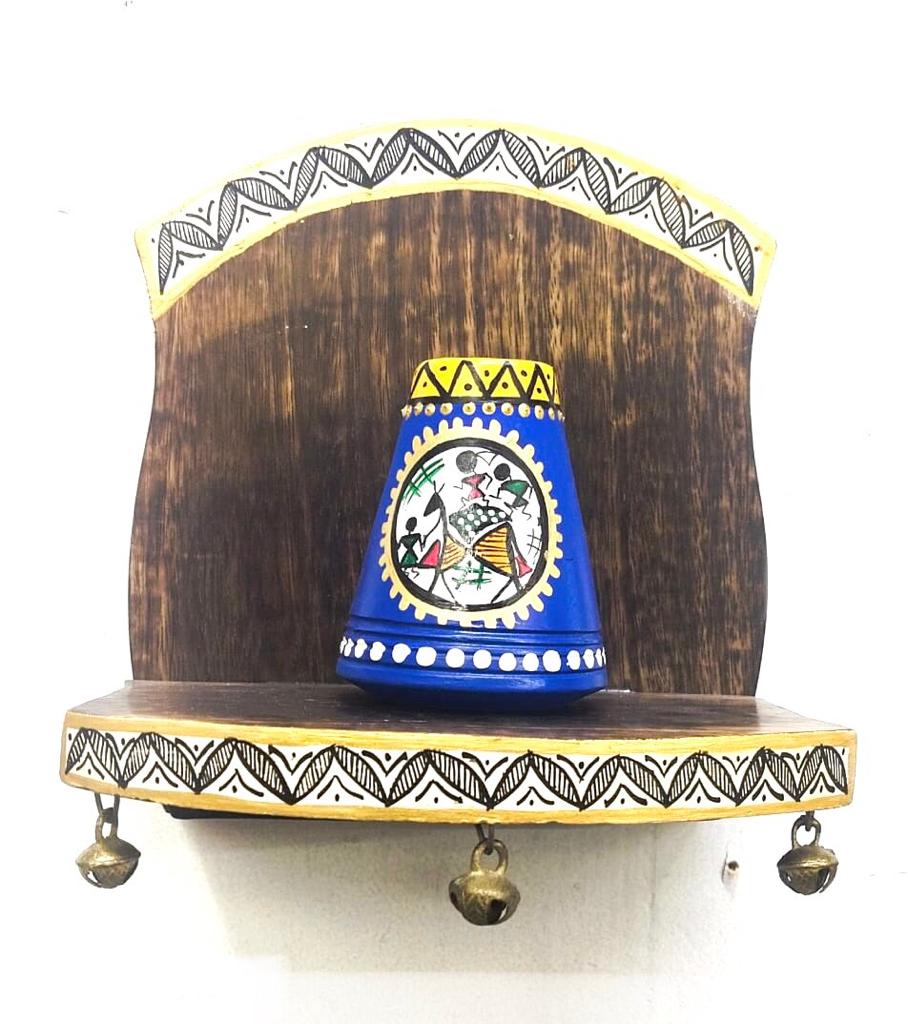 Wooden Shelf With Metal Bells For Placing Quirky Artefacts By Tamrapatra