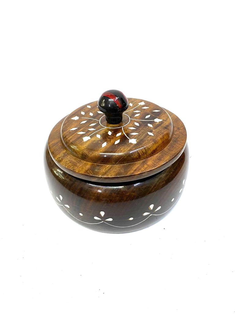Wooden Round Spice Box With Easy Lids & Compartments From Tamrapatra