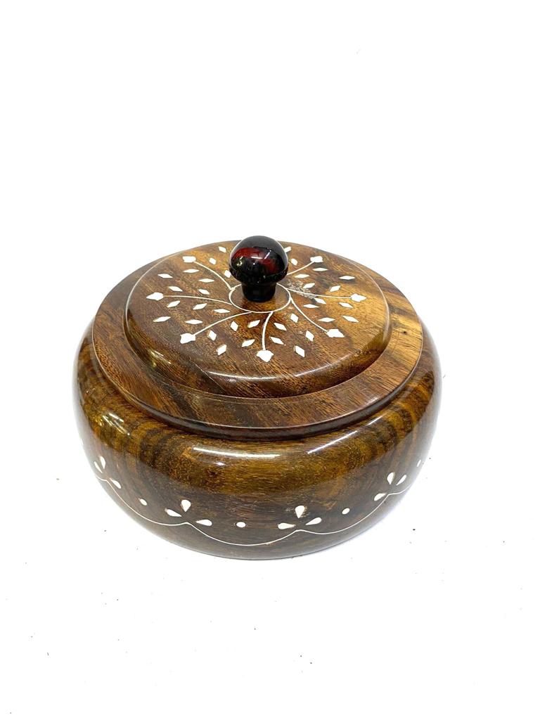 Wooden Round Spice Box With Easy Lids & Compartments From Tamrapatra