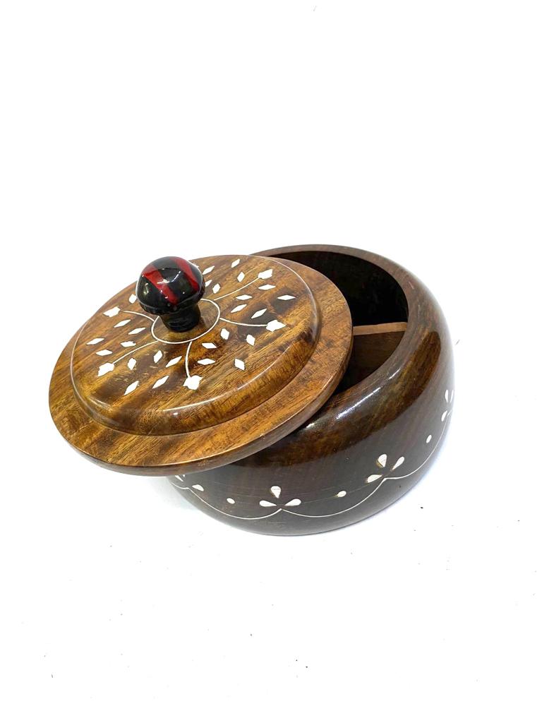 Wooden Round Spice Box With Easy Lids & Compartments From Tamrapatra